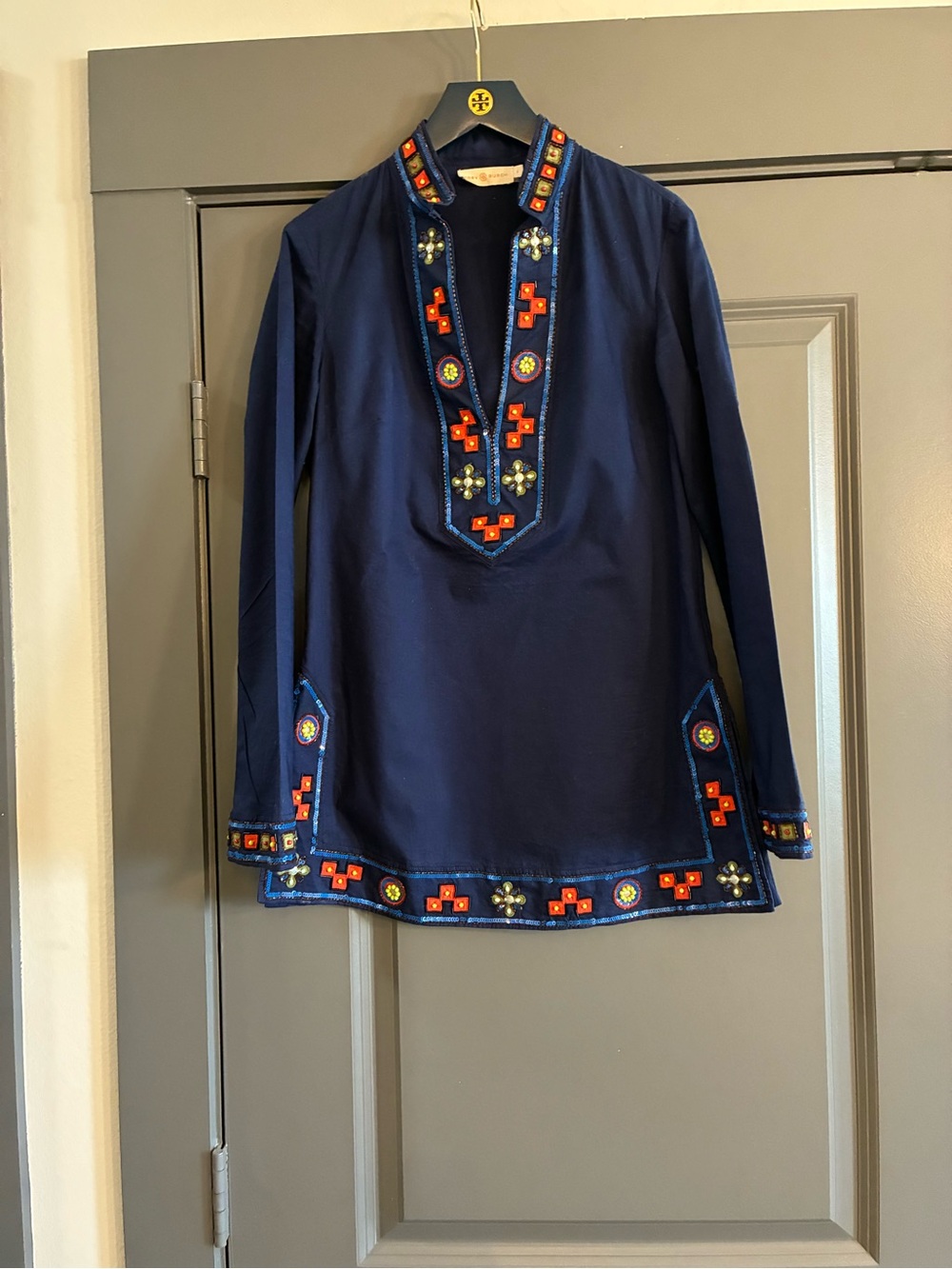 Tory Burch Navy Long-Sleeve Embroidered Tunic with Orange & Multi-Color Beading